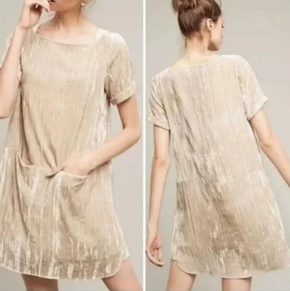 anthropologie floreat crinkle velvet shift tunic dress champagne cream size L - Picture 6 of 6